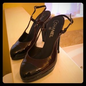 Chanel maroon/black patent slingbacks, size 36.5